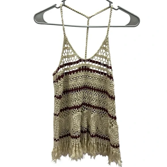 Full Tilt Cream Burgundy Boho Open Crochet Knit Cotton Blend Tank Top Womens XS - Picture 8 of 10